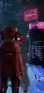 Anime-styled figure overlooks neon cityscape, highlighted by vibrant lights.