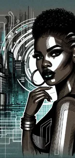 Futuristic city artwork with a stylish figure in teal tones.