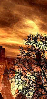 Futuristic cityscape with orange sunset and tree silhouette.