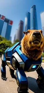 Mechanical capybara robot in futuristic cityscape.