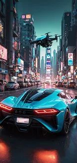 Vibrant cityscape with a sports car and a drone hovering above.