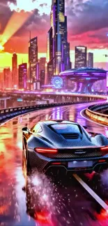 Futuristic car racing in neon cityscape with vibrant lights.