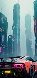 Futuristic car in neon-lit cyberpunk cityscape with tall skyscrapers.