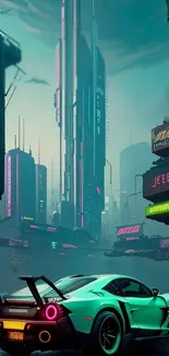 Futuristic cityscape with neon lights and a sports car.