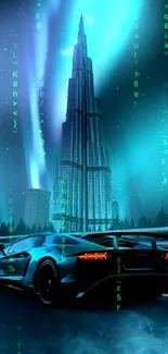 Sleek car with futuristic skyscraper and northern lights.