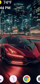 Sleek red sports car in a neon-lit city at night.