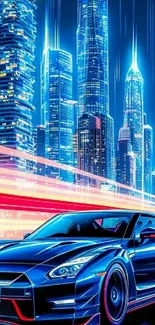 Futuristic neon-lit cityscape with sleek car.