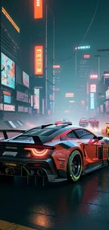 Futuristic car drives through neon-lit cityscape at night.