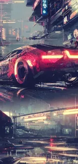 Futuristic sports car in neon-lit cityscape with cyberpunk vibes.