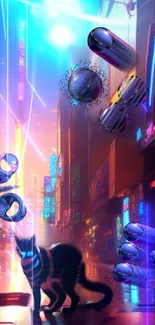 Cyber cat explores a neon-lit futuristic cityscape.