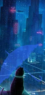 Cat with umbrella in neon futuristic cityscape.