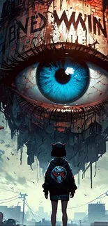 Surreal scene with a giant blue eye mural in a futuristic cityscape.