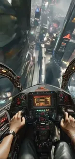 Cockpit view of cityscape in futuristic design.