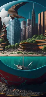 Futuristic city encased in a teal glass sphere with serene water and rugged mountains.