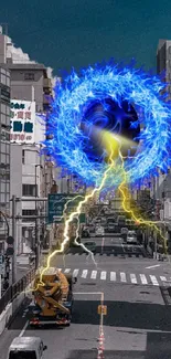 Electrifying blue vortex with lightning in a futuristic cityscape.