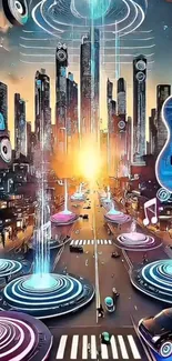 Futuristic city with musical elements and vibrant colors.