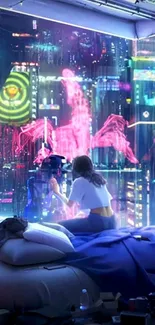 Futuristic cityscape with neon lights and vibrant colors, viewed from a cozy bedroom.