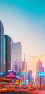 Futuristic city with neon lights under a bright, colorful sky.