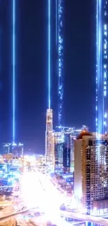 Futuristic city skyline with blue lights at night.