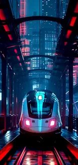 Futuristic train in a neon-lit cityscape at night.