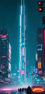 Futuristic cityscape with neon lights and tall skyscrapers at night.