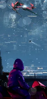 Futuristic cityscape art with neon lights and flying vehicle.