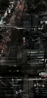 Futuristic city at night with digital overlays and glowing street lights.