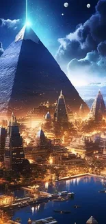 Futuristic city skyline with glowing pyramid under a starry night.