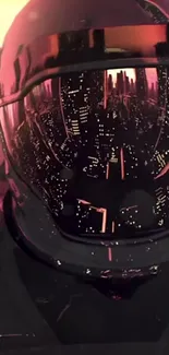 Futuristic helmet with city lights reflected, dark red hue.