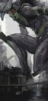 Dark robotic figure in futuristic cityscape wallpaper.