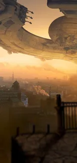 Futuristic city with spaceship hovering above in a golden sky.