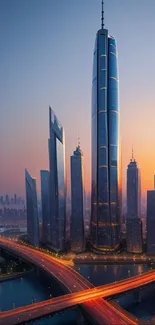 Futuristic city skyline at sunset with skyscrapers and glowing roads.