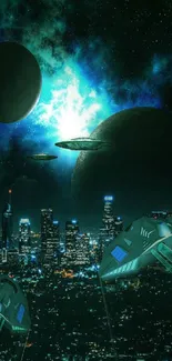 Futuristic city wallpaper with flying saucers and glowing planets.