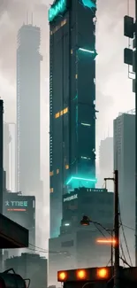 Futuristic city skyline with neon lights and high-rise buildings.