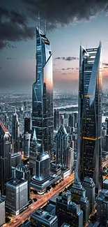 Futuristic cityscape wallpaper with towering skyscrapers at dusk.