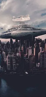 Futuristic spaceship hovers over city skyline in urban scene.