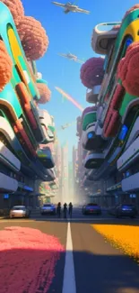 Futuristic city street with bright colors and cherry blossoms.