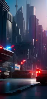 Futuristic cityscape with neon lights and cars on a vibrant street.