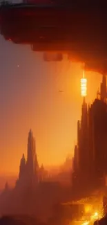 Futuristic city with glowing sunset and surreal architecture.