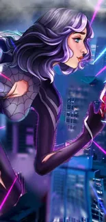 Stylized female superhero in purple over urban cityscape.