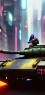 Futuristic tank in vibrant neon cityscape with cyberpunk elements.