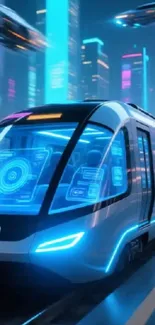 Futuristic city with high-speed train and neon lights.
