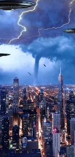Futuristic city with UFOs in stormy sky.