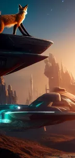 Fox overlooking a futuristic city at dawn with glowing structures.