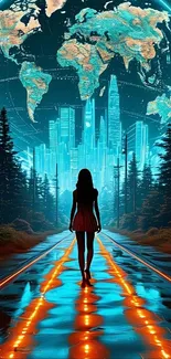 Silhouette in futuristic city with globe.