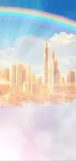 Futuristic city with a rainbow and clouds against a sky blue background.