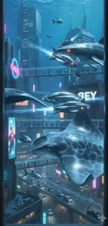 Futuristic cityscape with sharks swimming amidst neon lights.