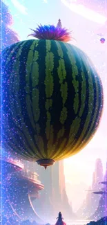 Floating watermelon in futuristic city with intricate details.