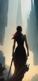 Heroine stands in futuristic cityscape, digital art.