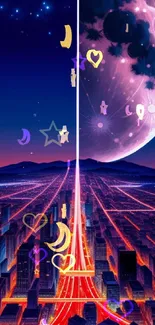 Futuristic cityscape with glowing moon and vibrant night sky.